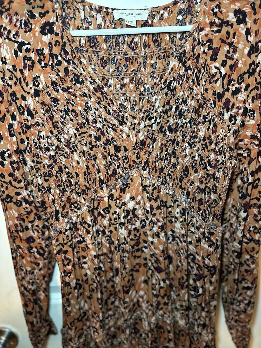 Beachlunchlounge Brown Animal Print Smocked Long Sleeve Tiered Mini Dress - Picture 2 of 4
